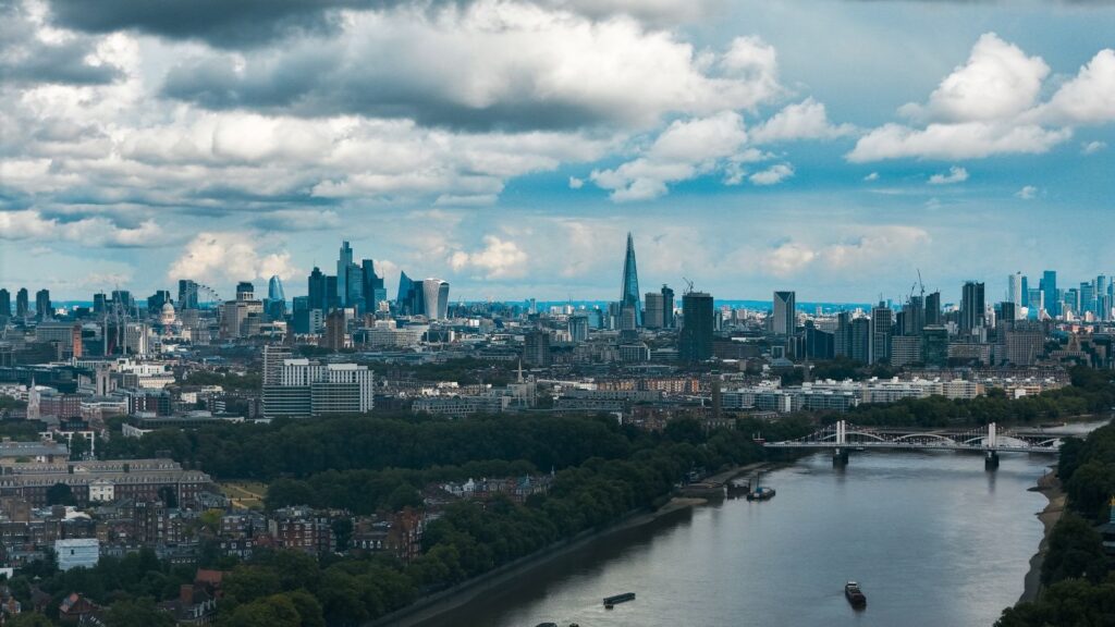 Aerial view of the City of London skyline and the River Thames